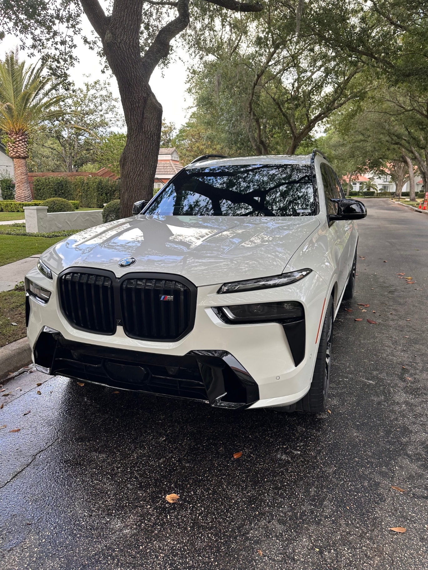 Detailed BMW X7 M with mirror-finish white paint